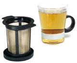 Teeglas mit Dauerfilter und Deckel / Abtropfschale